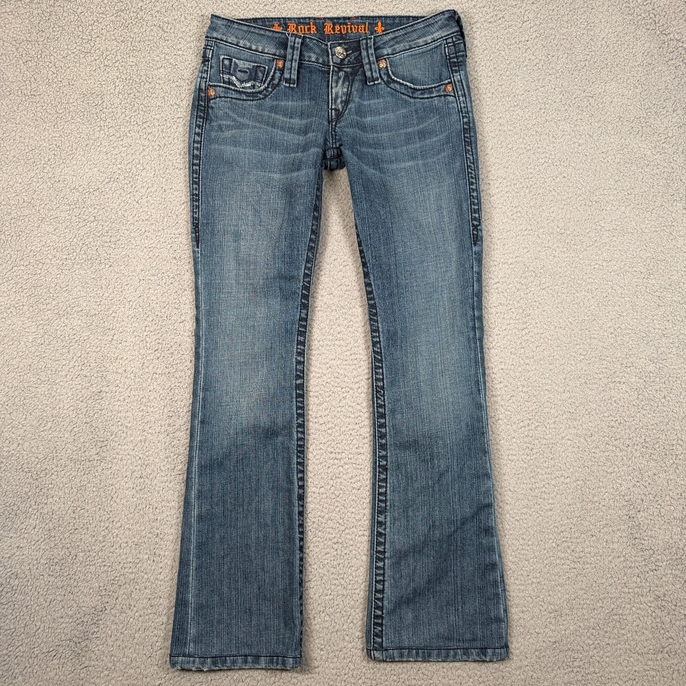 Rock Revival Jeans Womens 27 Blue Ultra Low Rise Flare Embellished Pockets Y2K